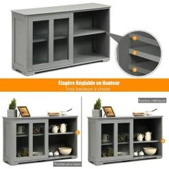 COSTWAY Buffet De Cuisine Meuble De Cuisine Pour Rangement,Vaisselier Avec Porte Coulissante En Verre Trempé En Bois Gris -Buffet et enfilade Soldes 55476003 4