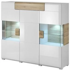 PRICE FACTORY Buffet XL150cm Collection OHIO. Éclairage LED Intégré. Coloris Blanc Et Chêne. - Blanc