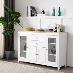 ASUPERMALL Buffet Avec Buffet En Grain De Bois Blanc Avec Porte En Verre Incrusté Deux Tiroirs Salon Salle à Manger -Buffet et enfilade Soldes 55568811 3