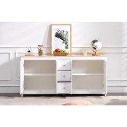 AZKOEESY Buffet En Grain De Bois Avec Quatre Portes Et Trois Tiroirs Pour Salon, Salle à Manger, Blanc -Buffet et enfilade Soldes 55848001 4