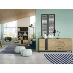 VENTE-UNIQUE.COM Buffet PORTLAND - 3 Tiroirs Et 3 Portes - Coloris : Chêne Et Noir - Naturel Clair -Buffet et enfilade Soldes 55881598 2