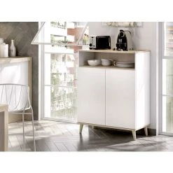 VENTE-UNIQUE.COM Buffet De Cuisine WAJDI - 2 Portes Et 1 Niche - Blanc Et Chêne - Naturel Clair, Blanc
