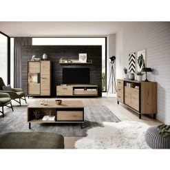 VENTE-UNIQUE.COM Buffet Haut BAYORI - 2 Portes - Avec LEDs - Chêne Et Anthracite - Naturel Clair -Buffet et enfilade Soldes 55881736 2