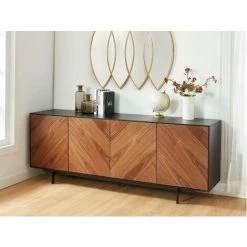 VENTE-UNIQUE.COM Buffet ISMAEL - 4 Portes - MDF Placage Noyer Et Métal Noir - Noir, Naturel Foncé