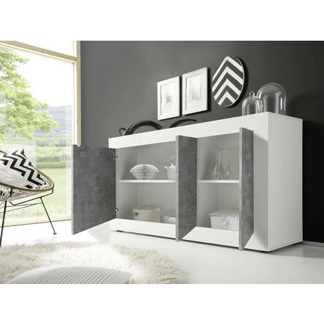 VENTE-UNIQUE.COM Buffet COMETE - 3 Portes - Blanc Laqué Et Béton - Gris, Blanc 2 VENTE-UNIQUE.COM Buffet COMETE - 3 Portes - Blanc Laqué Et Béton - Gris, Blanc – Image 2