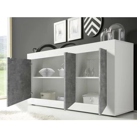 VENTE-UNIQUE.COM Buffet COMETE - 3 Portes - Blanc Laqué Et Béton - Gris, Blanc 4 VENTE-UNIQUE.COM Buffet COMETE - 3 Portes - Blanc Laqué Et Béton - Gris, Blanc – Image 4