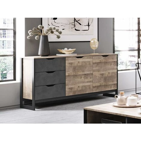 VENTE-UNIQUE.COM Buffet LAONILE - 2 Portes Et 3 Tiroirs - Noyer Et Anthracite - Gris Anthracite, Naturel Foncé 1 VENTE-UNIQUE.COM Buffet LAONILE - 2 Portes Et 3 Tiroirs - Noyer Et Anthracite - Gris Anthracite, Naturel Foncé