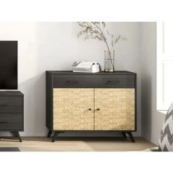 VENTE-UNIQUE.COM Buffet WACO - 2 Portes Et 1 Tiroir - Motifs Effet Rotin Et Noir - Noir, Naturel Clair