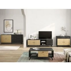 VENTE-UNIQUE.COM Buffet WACO - 2 Portes Et 1 Tiroir - Motifs Effet Rotin Et Noir - Noir, Naturel Clair -Buffet et enfilade Soldes 55883742 3