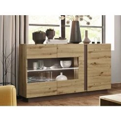 VENTE-UNIQUE.COM Buffet MURARI - 3 Portes - Avec LEDs - Chêne Et Taupe - Naturel Clair