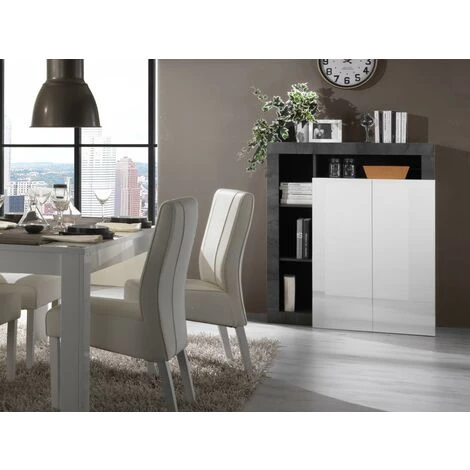 VENTE-UNIQUE.COM Buffet Haut SEFRO - 2 Portes Et 4 Niches - Blanc Laqué Et Béton - Gris, Blanc 1 VENTE-UNIQUE.COM Buffet Haut SEFRO - 2 Portes Et 4 Niches - Blanc Laqué Et Béton - Gris, Blanc