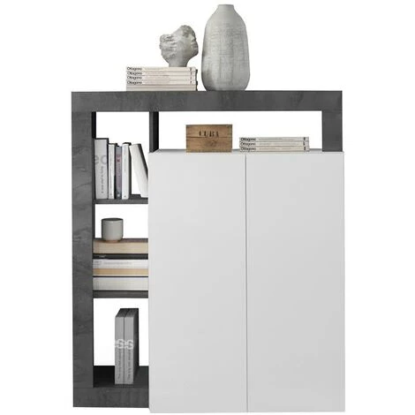 VENTE-UNIQUE.COM Buffet Haut SEFRO - 2 Portes Et 4 Niches - Blanc Laqué Et Béton - Gris, Blanc 3 VENTE-UNIQUE.COM Buffet Haut SEFRO - 2 Portes Et 4 Niches - Blanc Laqué Et Béton - Gris, Blanc â Image 3