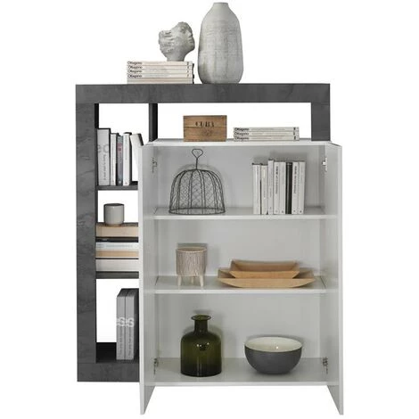 VENTE-UNIQUE.COM Buffet Haut SEFRO - 2 Portes Et 4 Niches - Blanc Laqué Et Béton - Gris, Blanc 4 VENTE-UNIQUE.COM Buffet Haut SEFRO - 2 Portes Et 4 Niches - Blanc Laqué Et Béton - Gris, Blanc â Image 4