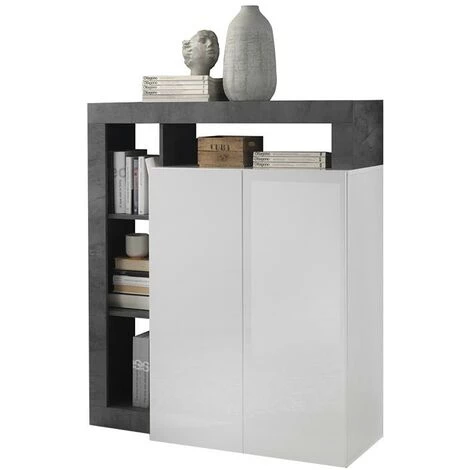 VENTE-UNIQUE.COM Buffet Haut SEFRO - 2 Portes Et 4 Niches - Blanc Laqué Et Béton - Gris, Blanc 5 VENTE-UNIQUE.COM Buffet Haut SEFRO - 2 Portes Et 4 Niches - Blanc Laqué Et Béton - Gris, Blanc â Image 5