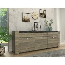 VENTE-UNIQUE.COM Buffet METEORITE - 3 Portes & 3 Tiroirs - MDF Plateau Effet Granite - Gris Anthracite, Taupe