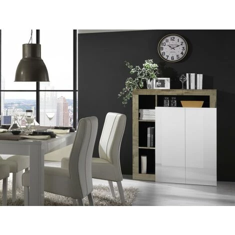 VENTE-UNIQUE.COM Buffet Haut SEFRO - 2 Portes Et 4 Niches - Blanc Laqué Et Chêne - Naturel Clair, Blanc 1 VENTE-UNIQUE.COM Buffet Haut SEFRO - 2 Portes Et 4 Niches - Blanc Laqué Et Chêne - Naturel Clair, Blanc