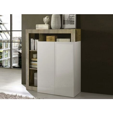 VENTE-UNIQUE.COM Buffet Haut SEFRO - 2 Portes Et 4 Niches - Blanc Laqué Et Chêne - Naturel Clair, Blanc 2 VENTE-UNIQUE.COM Buffet Haut SEFRO - 2 Portes Et 4 Niches - Blanc Laqué Et Chêne - Naturel Clair, Blanc – Image 2