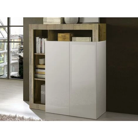 VENTE-UNIQUE.COM Buffet Haut SEFRO - 2 Portes Et 4 Niches - Blanc Laqué Et Chêne - Naturel Clair, Blanc 3 VENTE-UNIQUE.COM Buffet Haut SEFRO - 2 Portes Et 4 Niches - Blanc Laqué Et Chêne - Naturel Clair, Blanc – Image 3