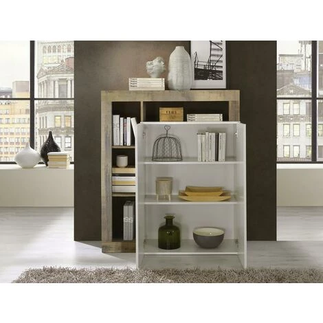 VENTE-UNIQUE.COM Buffet Haut SEFRO - 2 Portes Et 4 Niches - Blanc Laqué Et Chêne - Naturel Clair, Blanc 4 VENTE-UNIQUE.COM Buffet Haut SEFRO - 2 Portes Et 4 Niches - Blanc Laqué Et Chêne - Naturel Clair, Blanc – Image 4
