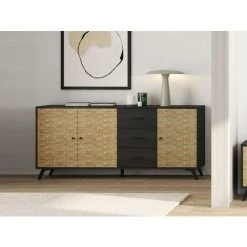 VENTE-UNIQUE.COM Buffet WACO - 3 Portes Et 3 Tiroirs - Motifs Effet Rotin Et Noir - Noir, Naturel Clair