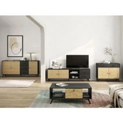 VENTE-UNIQUE.COM Buffet WACO - 3 Portes Et 3 Tiroirs - Motifs Effet Rotin Et Noir - Noir, Naturel Clair -Buffet et enfilade Soldes 55885167 3