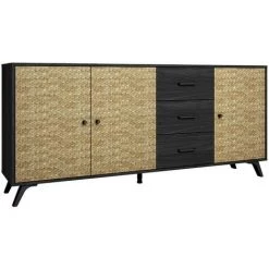 VENTE-UNIQUE.COM Buffet WACO - 3 Portes Et 3 Tiroirs - Motifs Effet Rotin Et Noir - Noir, Naturel Clair -Buffet et enfilade Soldes 55885167 5