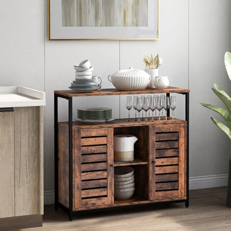 HAPPYSHOPPING Buffet Rangement Deux Portes Armoires De Cuisine Placard Design Industriel Cadre En Acier Vintage Marron + Noir 90 * 3 4 HAPPYSHOPPING Buffet Rangement Deux Portes Armoires De Cuisine Placard Design Industriel Cadre En Acier Vintage Marron + Noir 90 * 3 – Image 4