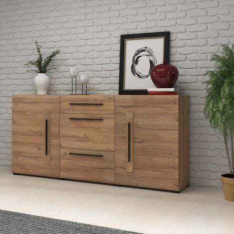 PRICE FACTORY Buffet 180cm Collection BREDA Deux Portes Partiellement Vitrées Et Trois Tiroirs. Coloris Chêne - Marron 2 PRICE FACTORY Buffet 180cm Collection BREDA Deux Portes Partiellement Vitrées Et Trois Tiroirs. Coloris Chêne - Marron – Image 2