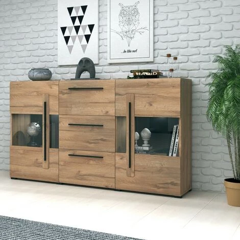 PRICE FACTORY Buffet 180cm Collection BREDA Deux Portes Partiellement Vitrées Et Trois Tiroirs. Coloris Chêne - Marron 3 PRICE FACTORY Buffet 180cm Collection BREDA Deux Portes Partiellement Vitrées Et Trois Tiroirs. Coloris Chêne - Marron – Image 3