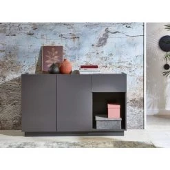 LES TENDANCES Buffet 2 Portes 1 Tiroir Laqué Gris Mat Telak 138 Cm