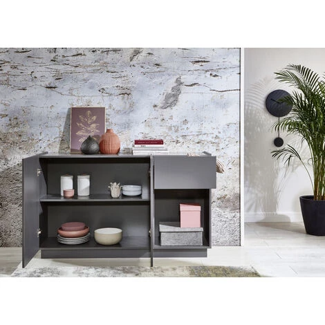 LES TENDANCES Buffet 2 Portes 1 Tiroir Laqué Gris Mat Telak 138 Cm 2 LES TENDANCES Buffet 2 Portes 1 Tiroir Laqué Gris Mat Telak 138 Cm – Image 2