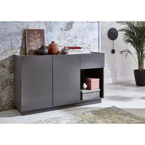 LES TENDANCES Buffet 2 Portes 1 Tiroir Laqué Gris Mat Telak 138 Cm 3 LES TENDANCES Buffet 2 Portes 1 Tiroir Laqué Gris Mat Telak 138 Cm – Image 3
