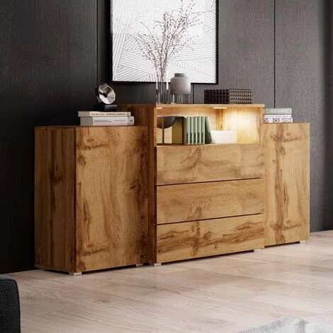 MOBILIER DECO COLBY - Buffet Commodes 2 Portes 3 Tiroirs Chêne Avec LED - Bois Effet Vieilli 1 MOBILIER DECO COLBY - Buffet Commodes 2 Portes 3 Tiroirs Chêne Avec LED - Bois Effet Vieilli