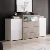 MOBILIER DECO COLBY - Buffet Commodes 2 Portes 3 Tiroirs Gris Béton Blanc Avec LED - Gris Béton