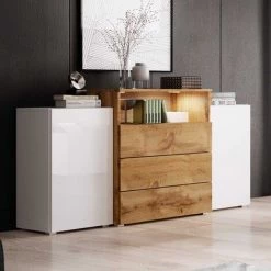 MOBILIER DECO COLBY - Buffet Commodes 2 Portes 3 Tiroirs Blanc Et Bois Avec LED - Blanc