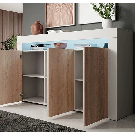 DESIGN AMEUBLEMENT Buffet Bahut 3 Portes LED | 155 X 91,5 X 37cm | Couleur Blanc Et Sonoma Finition Mat | Meuble De Rangement | Modèle RIALTA - Sonoma/White 3 DESIGN AMEUBLEMENT Buffet Bahut 3 Portes LED | 155 X 91,5 X 37cm | Couleur Blanc Et Sonoma Finition Mat | Meuble De Rangement | Modèle RIALTA - Sonoma/White – Image 3