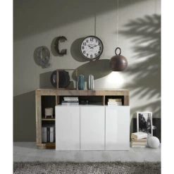 Dmora Buffet Moderne à 3 Portes Avec Compartiments Ouverts, Made In Italy, Buffet De Cuisine, Buffet Design De Salon, 146x42h93 Cm, Blanc Brillant Et Couleur Poire