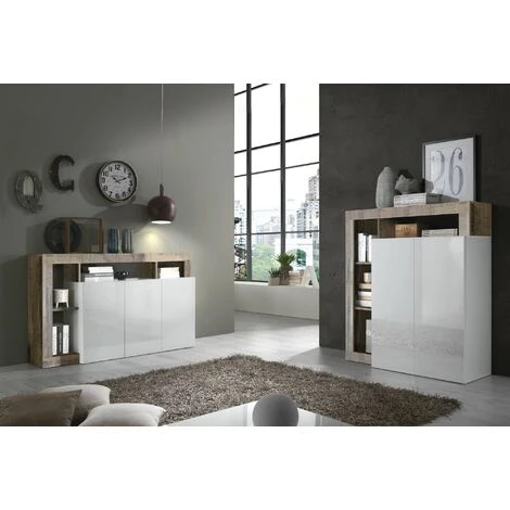 Dmora Buffet Moderne à 3 Portes Avec Compartiments Ouverts, Made In Italy, Buffet De Cuisine, Buffet Design De Salon, 146x42h93 Cm, Blanc Brillant Et Couleur Poire 4 Dmora Buffet Moderne à 3 Portes Avec Compartiments Ouverts, Made In Italy, Buffet De Cuisine, Buffet Design De Salon, 146x42h93 Cm, Blanc Brillant Et Couleur Poire – Image 4