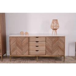 MEUBLE HOUSE Buffet Ethnique Chic Bois, Pierre Et Métal Finition Laiton "Stripe" - Marron