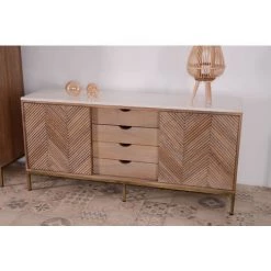 MEUBLE HOUSE Buffet Ethnique Chic Bois, Pierre Et Métal Finition Laiton "Stripe" - Marron -Buffet et enfilade Soldes 56624882 3