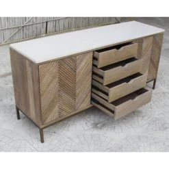 MEUBLE HOUSE Buffet Ethnique Chic Bois, Pierre Et Métal Finition Laiton "Stripe" - Marron -Buffet et enfilade Soldes 56624882 4