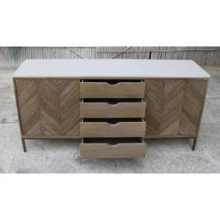 MEUBLE HOUSE Buffet Ethnique Chic Bois, Pierre Et Métal Finition Laiton "Stripe" - Marron -Buffet et enfilade Soldes 56624882 5