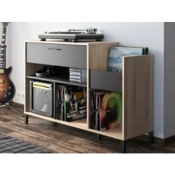 VENTE-UNIQUE.COM Meuble Vinyles JAZZY - Avec Rangements - Coloris : Chêne Et Noir - Noir, Naturel Clair -Buffet et enfilade Soldes 56625397 2