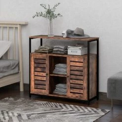 WENH Buffet, Pièce De Rangement à Deux Portes, Armoire De Cuisine, Placard, Design Industriel, Cadre En Acier, Marron Vintage + Noir, 90*3