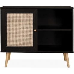 ALICE'S GARDEN Meuble De Rangement En Cannage 80x39x65.8cm Bohème - Noir - 2 Niveaux - 1 Porte - Pieds Scandinaves - Noir -Buffet et enfilade Soldes 57091431 3