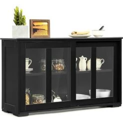 GIANTEX Buffet Avec Portes En Verre, Armoire De Cuisine Avec Etagère REglable En Hauteur, Commode Pour Cuisine, Salon Ou Couloir, 106,5 X 33 X 62,5 Cm (noir)