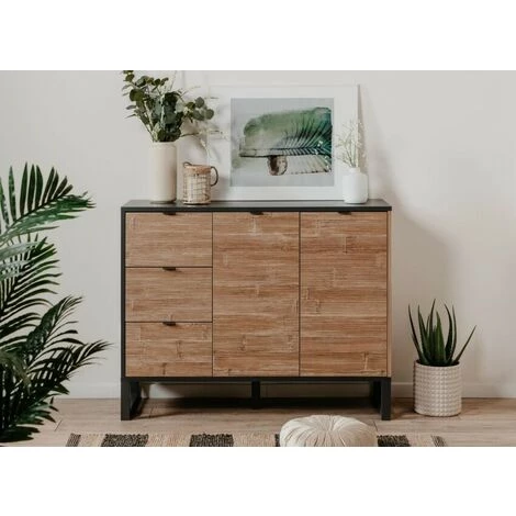 CAESAROO Buffet 120x88H Cm Manhattan Bambou Et Gris Anthracite Avec Deux Portes Et Trois Tiroirs | Bambou Et Gris Anthracite 1 CAESAROO Buffet 120x88H Cm Manhattan Bambou Et Gris Anthracite Avec Deux Portes Et Trois Tiroirs | Bambou Et Gris Anthracite