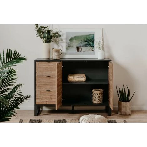 CAESAROO Buffet 120x88H Cm Manhattan Bambou Et Gris Anthracite Avec Deux Portes Et Trois Tiroirs | Bambou Et Gris Anthracite 2 CAESAROO Buffet 120x88H Cm Manhattan Bambou Et Gris Anthracite Avec Deux Portes Et Trois Tiroirs | Bambou Et Gris Anthracite – Image 2