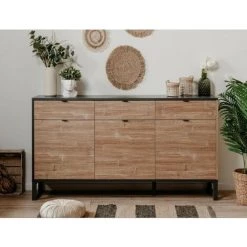 CAESAROO Buffet 175x88H Cm Manhattan Bambou Et Gris Anthracite Avec Trois Portes Et Trois Tiroirs | Bambou Et Gris Anthracite