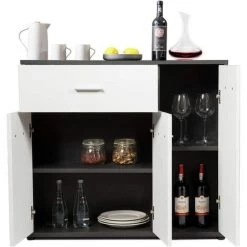 GIANTEX Buffet Avec 1 Tiroir Et 3 Portes, Armoire De Rangement En Bois Avec Etagère REglable Pour Cuisine, 88X30X70CM, Blanc Et Noir -Buffet et enfilade Soldes 57240432 3